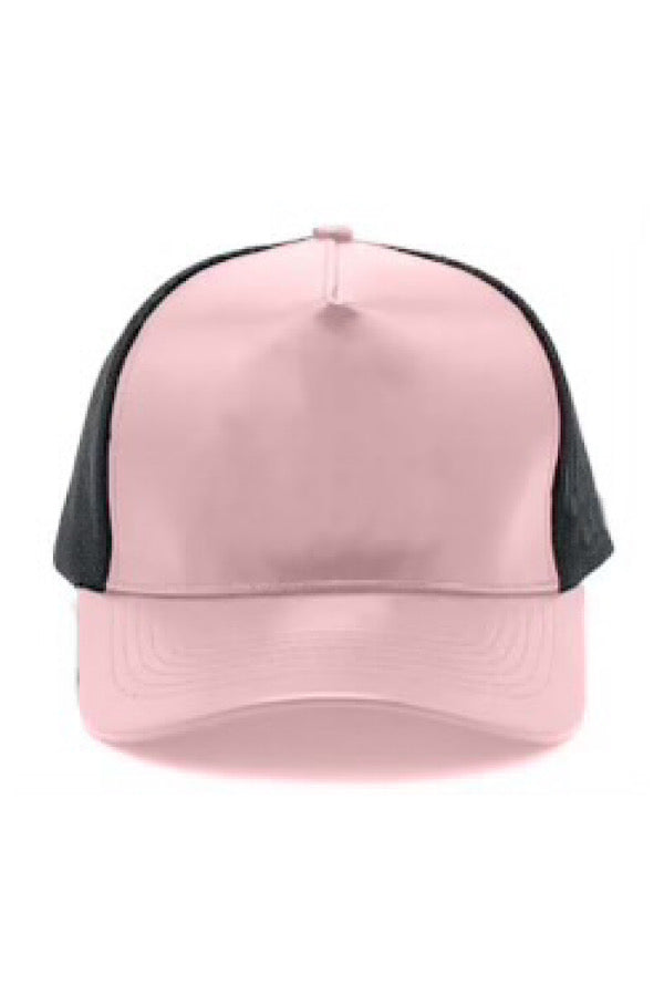 Pale Pink on Black Faux Leather Trucker Hat - ETA 3/15
