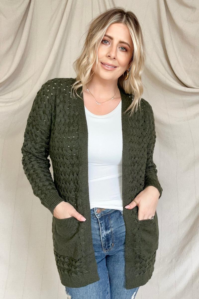 Open Front Woven Texture Knit Cardigan With Pockets